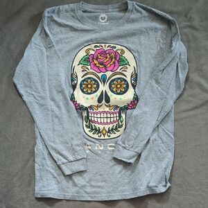 Gray Long Sleeve Tee with Colorful Skull Design